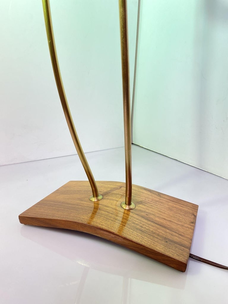 Mid Century Walnut and Brass Floor Lamp with Whipstitch Fiberglass Lamp Shades - 5