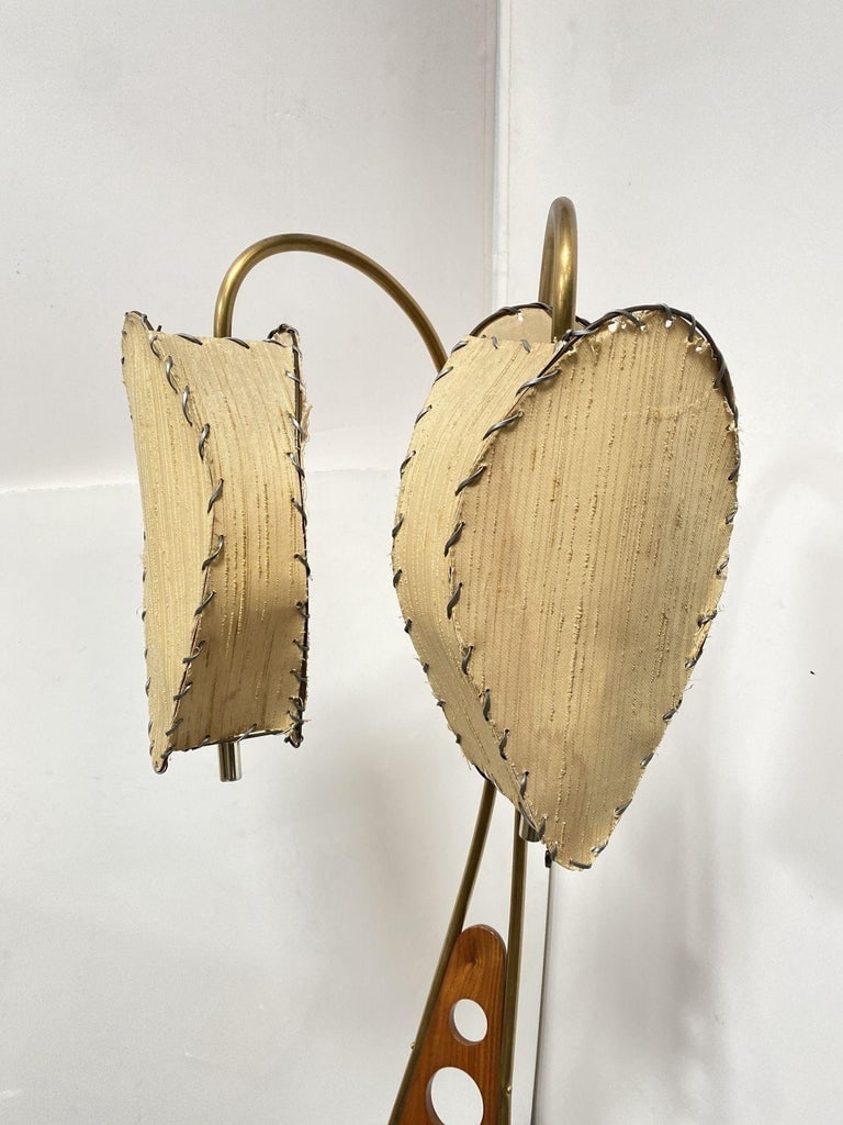 Mid Century Walnut and Brass Floor Lamp with Whipstitch Fiberglass Lamp Shades - 7