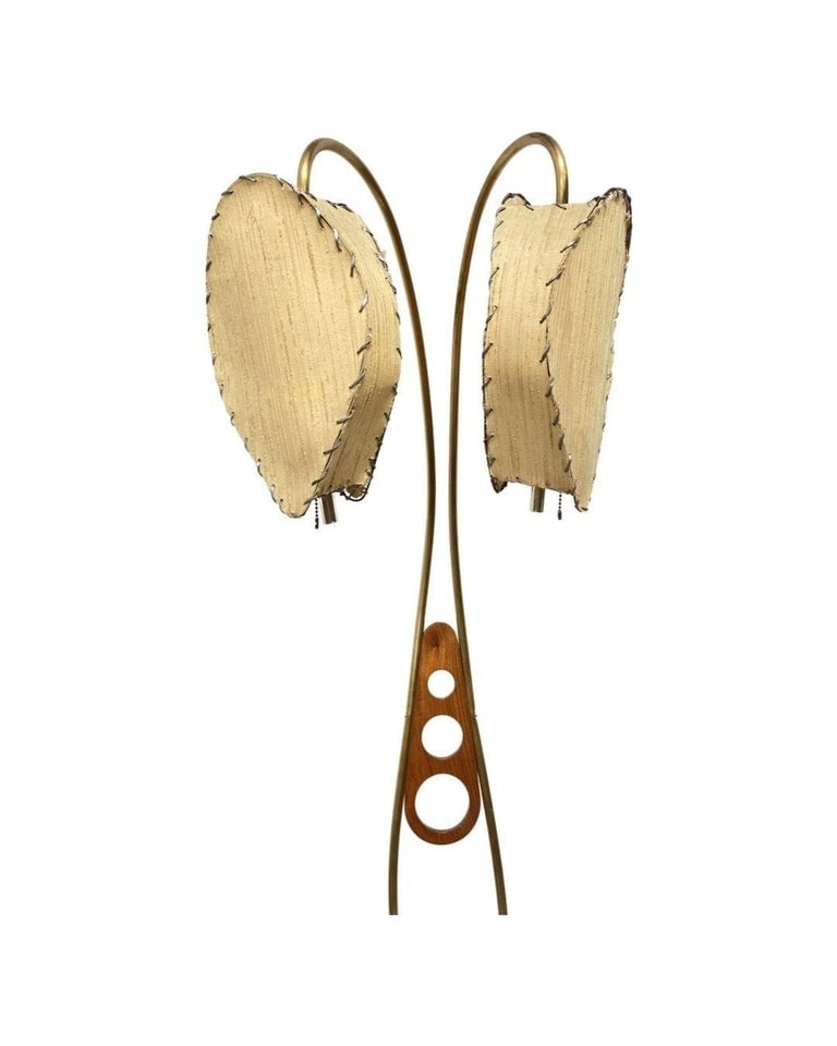 Mid Century Walnut and Brass Floor Lamp with Whipstitch Fiberglass Lamp Shades - 8