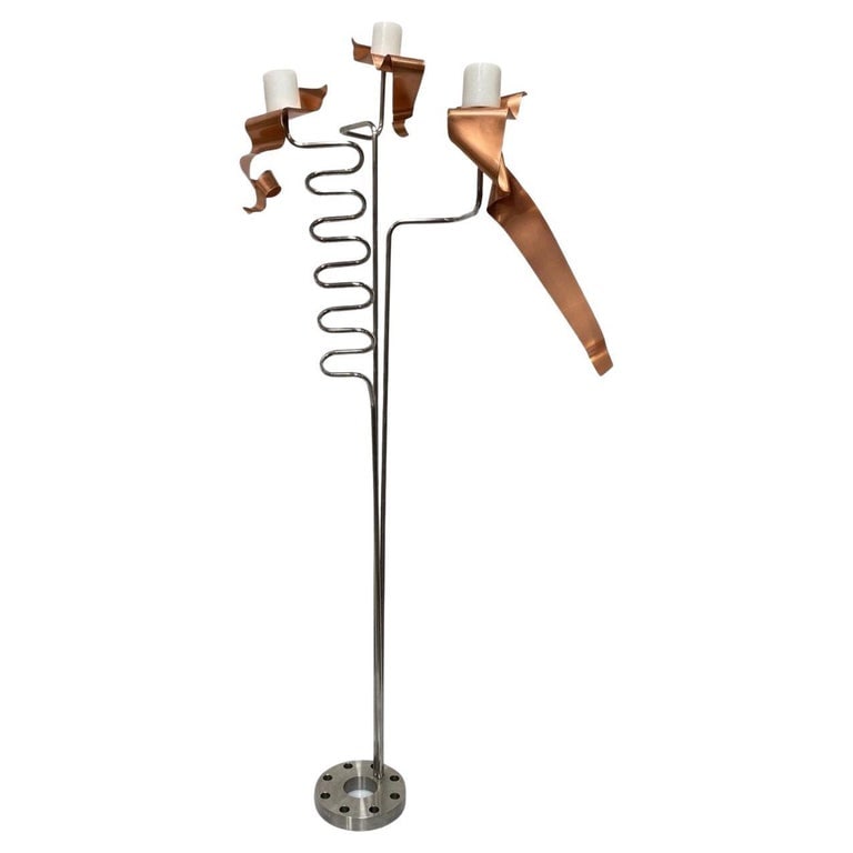 Machine Chrome & Copper 3 Arm Artist Signed Abstract Sculptural Candelabra (1 of 9)