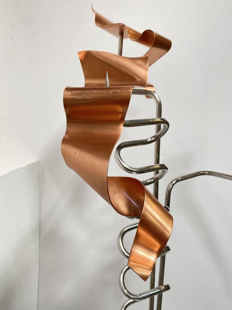 Machine Chrome & Copper 3 Arm Artist Signed Abstract Sculptural Candelabra - 6