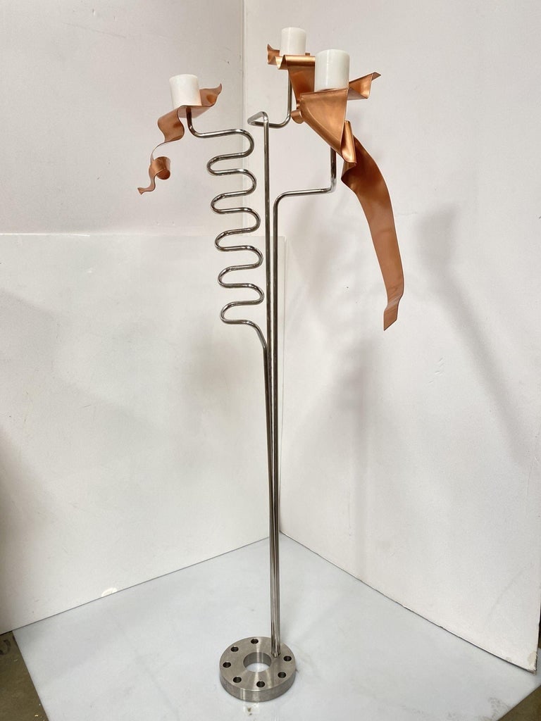 Machine Chrome & Copper 3 Arm Artist Signed Abstract Sculptural Candelabra - 7