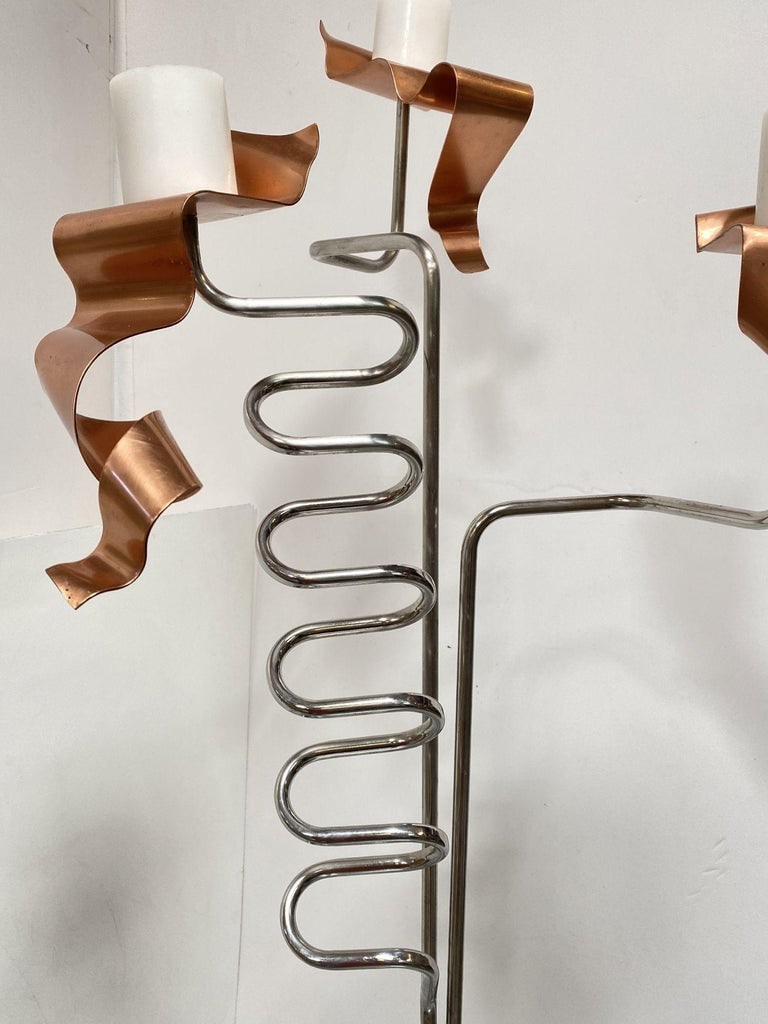 Machine Chrome & Copper 3 Arm Artist Signed Abstract Sculptural Candelabra - 8