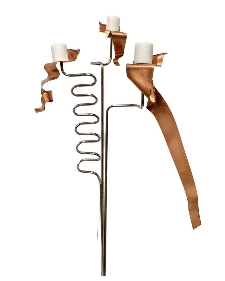 Machine Chrome & Copper 3 Arm Artist Signed Abstract Sculptural Candelabra - 9