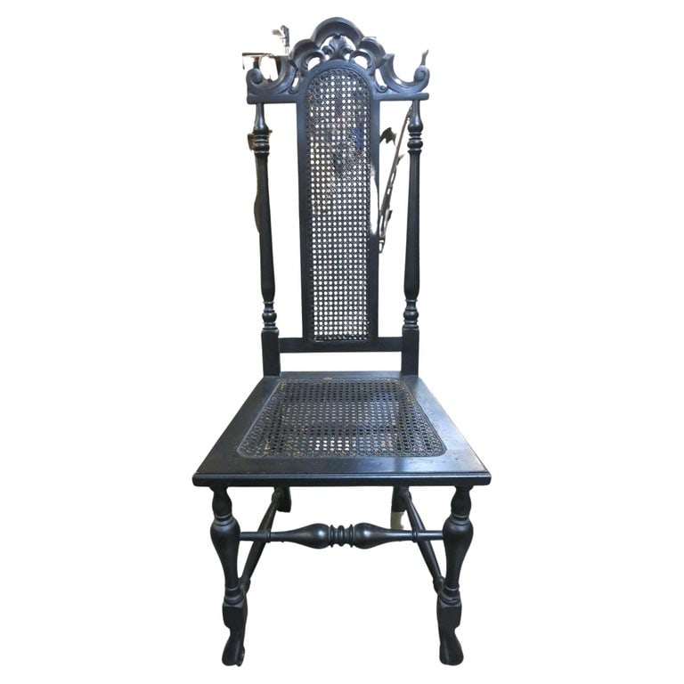 Hand Carved Black Stained Oak Gothic Revival Side Chair w/ Wicker Seat (1 of 5)