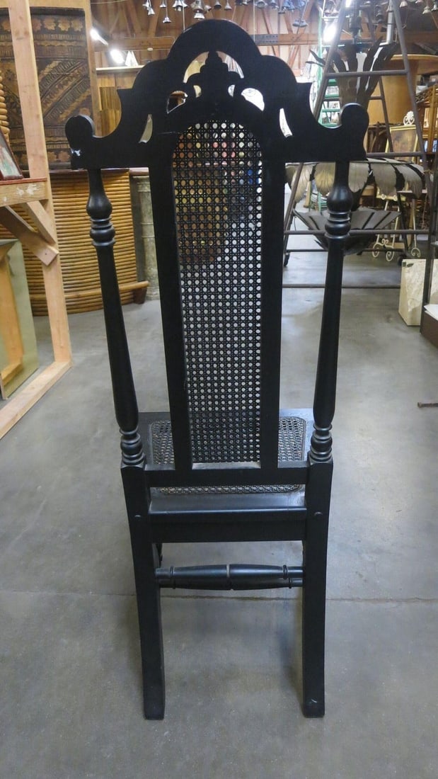 Hand Carved Black Stained Oak Gothic Revival Side Chair w/ Wicker Seat - 3