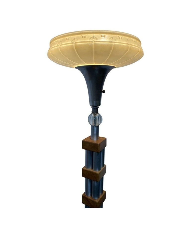 Mid-Century Modern Chrome Blond Maple Stacked Torchiere Floor Lamp - 6