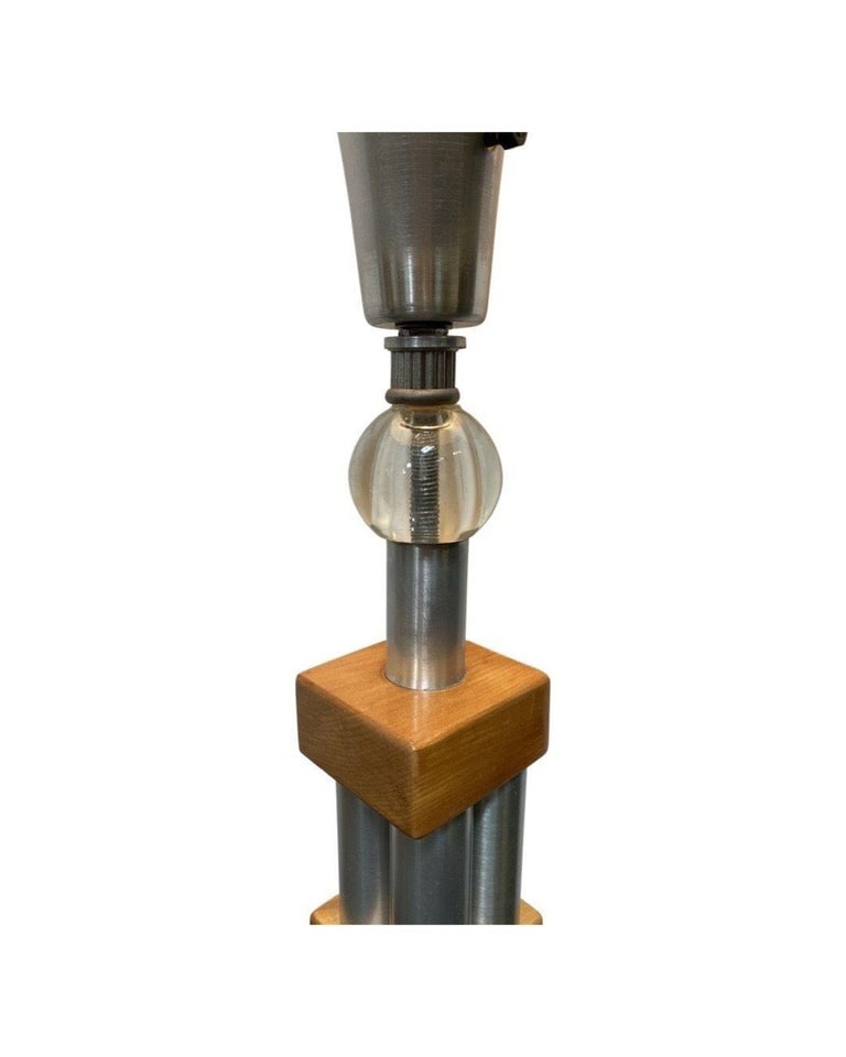 Mid-Century Modern Chrome Blond Maple Stacked Torchiere Floor Lamp - 7