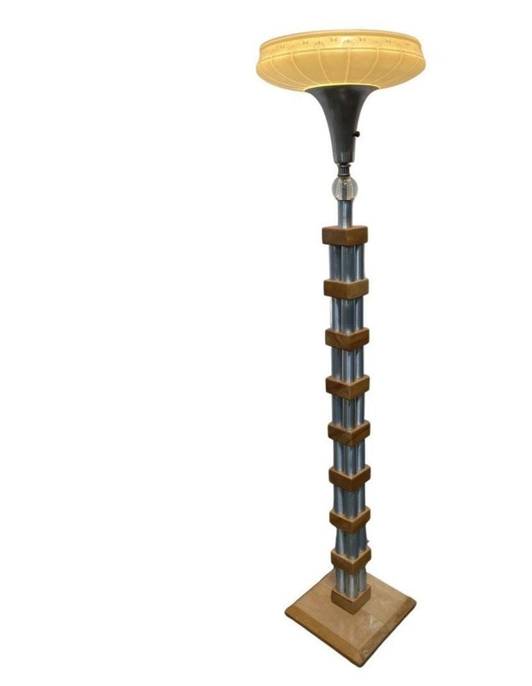 Mid-Century Modern Chrome Blond Maple Stacked Torchiere Floor Lamp - 8