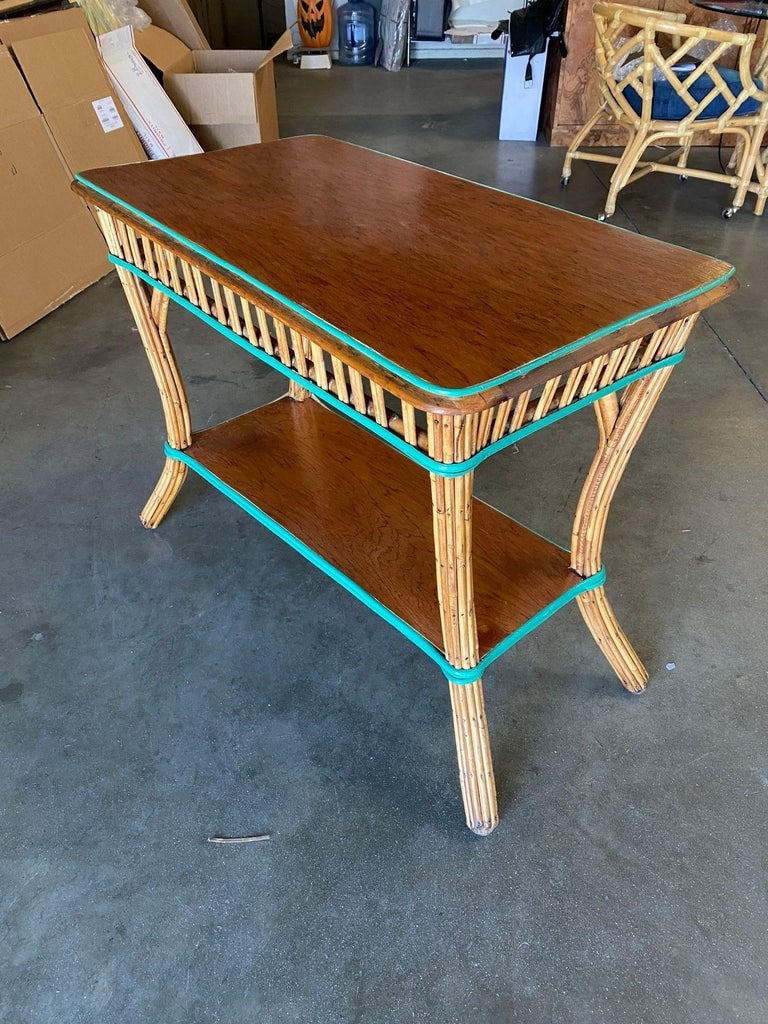 Restored Presidential Stick Reed Rattan TV Stand/Console Table w/ Mahogany Top - 3
