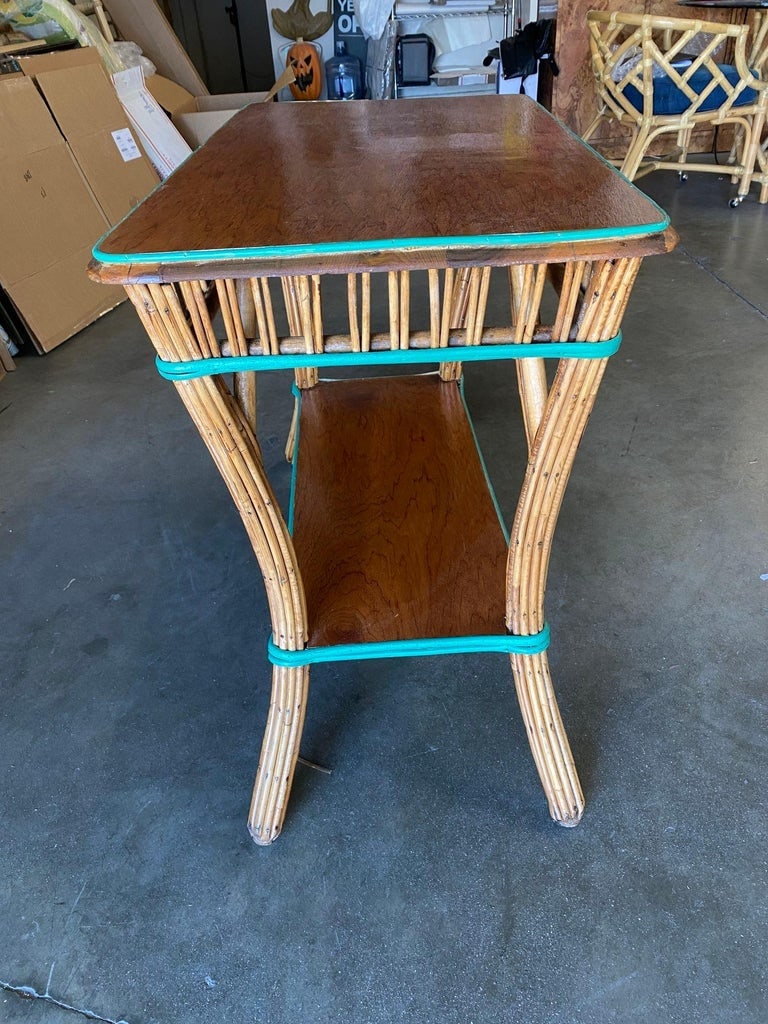 Restored Presidential Stick Reed Rattan TV Stand/Console Table w/ Mahogany Top - 4