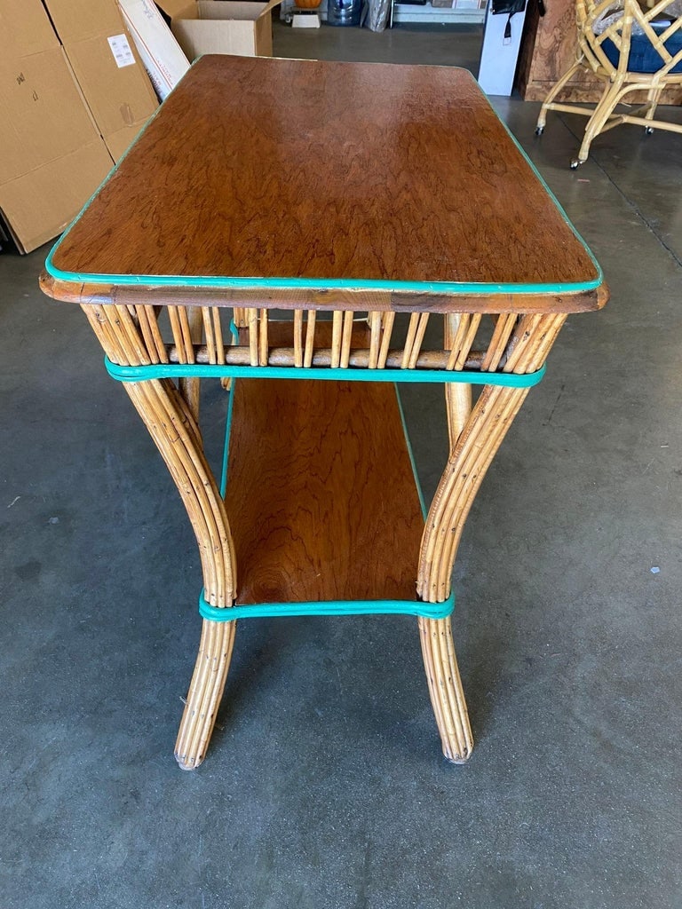 Restored Presidential Stick Reed Rattan TV Stand/Console Table w/ Mahogany Top - 7