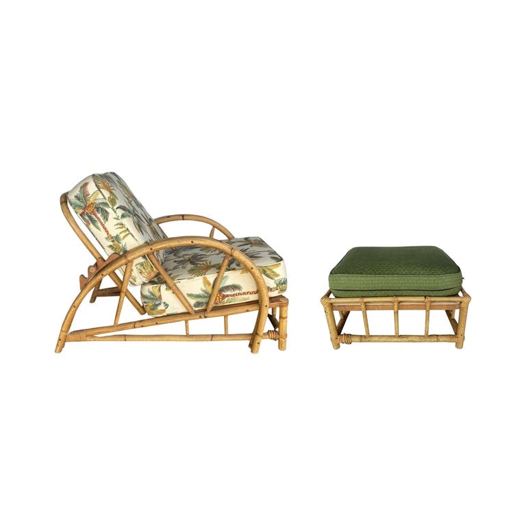 Restored 2-Strand Half Moon Rattan Lounge Chair w/ Adjustable Back & Ottoman - 2