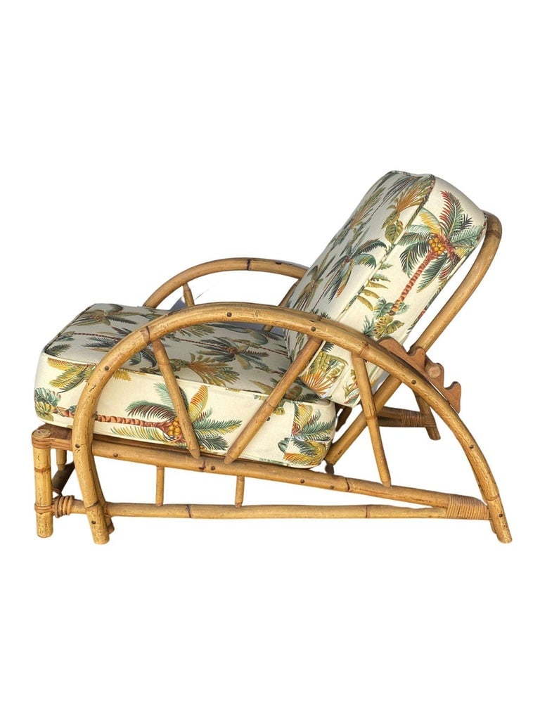 Restored 2-Strand Half Moon Rattan Lounge Chair w/ Adjustable Back & Ottoman - 3