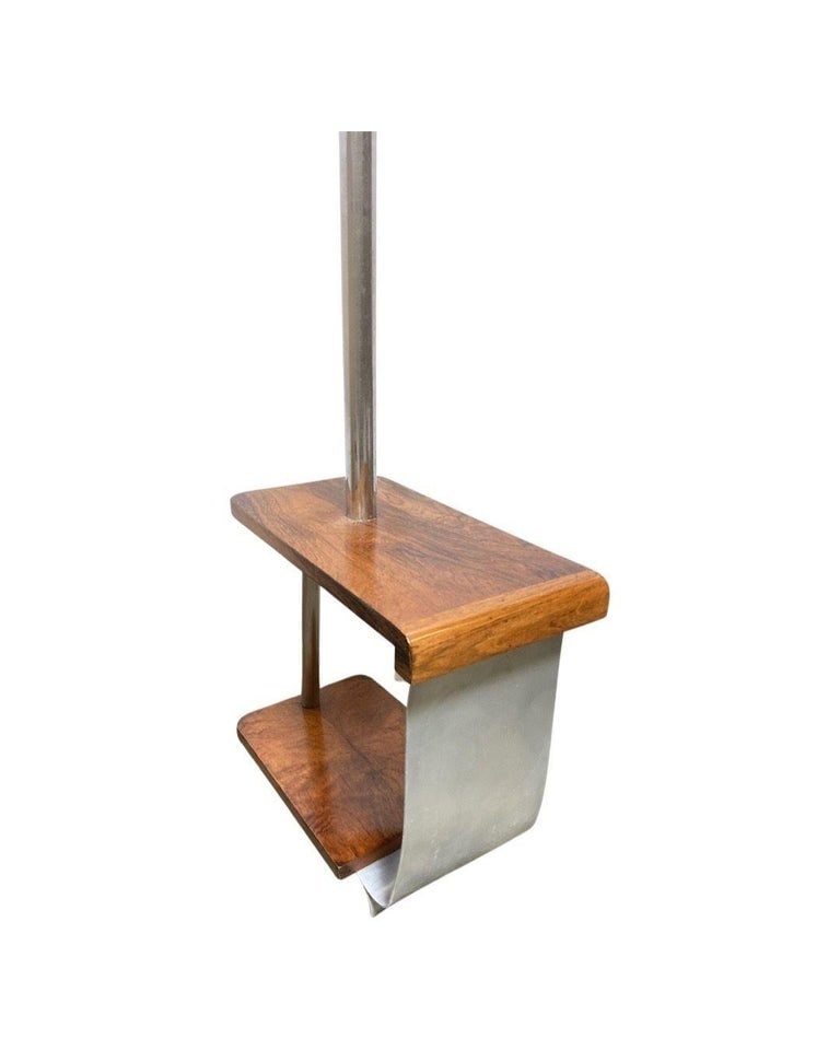 Art Deco Chrome & Wood Torchiere Floor Lamp End Table - 3