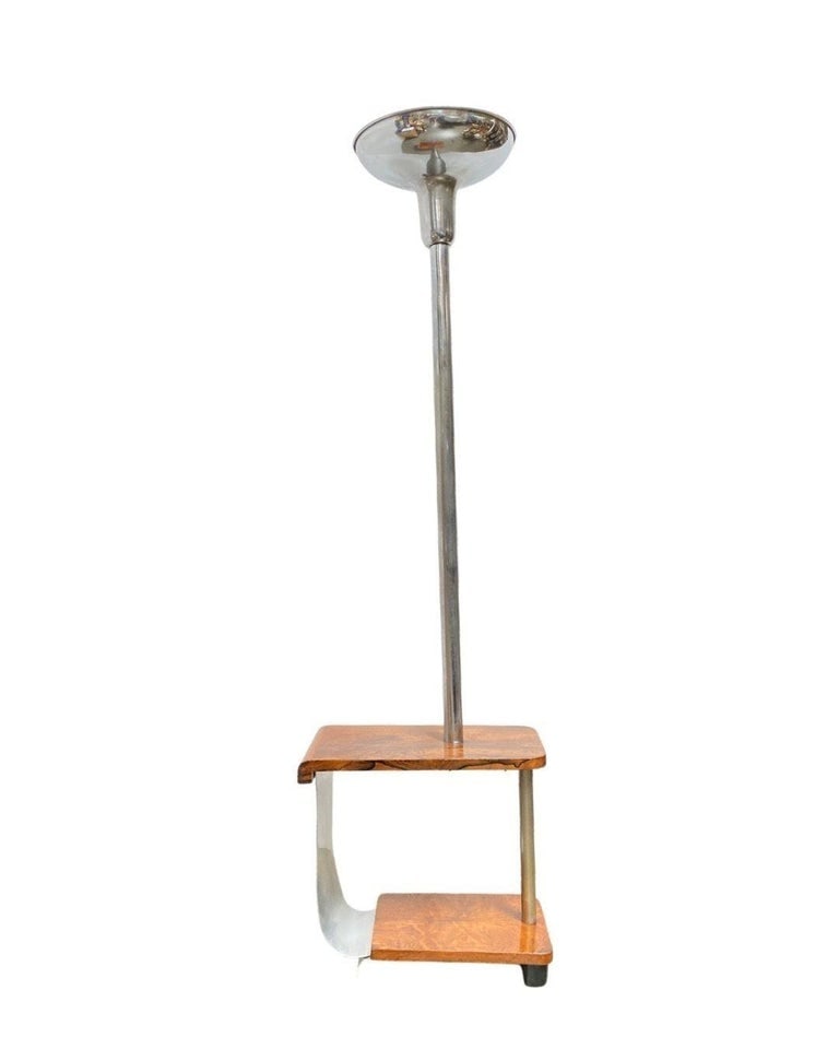 Art Deco Chrome & Wood Torchiere Floor Lamp End Table - 5