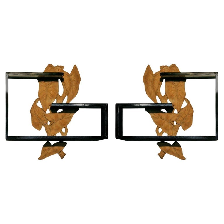 Midcentury Wall Shelf with Hand Carved Leaf Pattern, Pair - 2