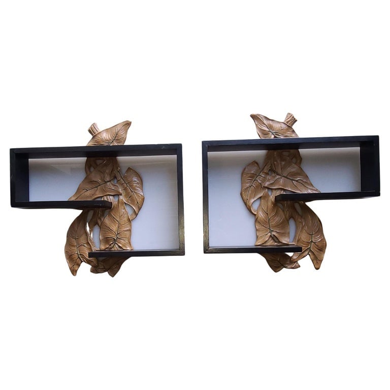 Midcentury Wall Shelf with Hand Carved Leaf Pattern, Pair - 3