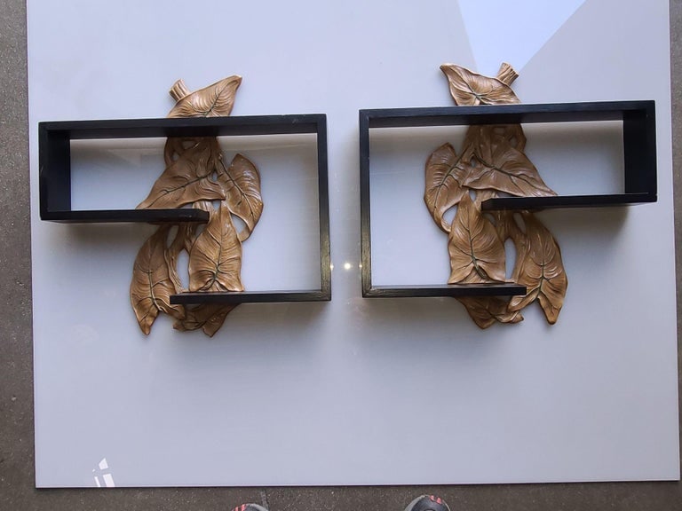 Midcentury Wall Shelf with Hand Carved Leaf Pattern, Pair - 5