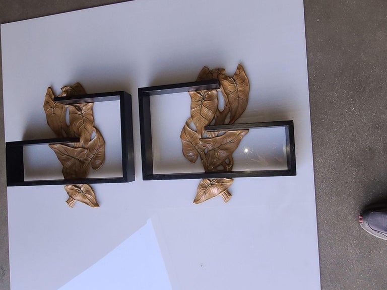 Midcentury Wall Shelf with Hand Carved Leaf Pattern, Pair - 9