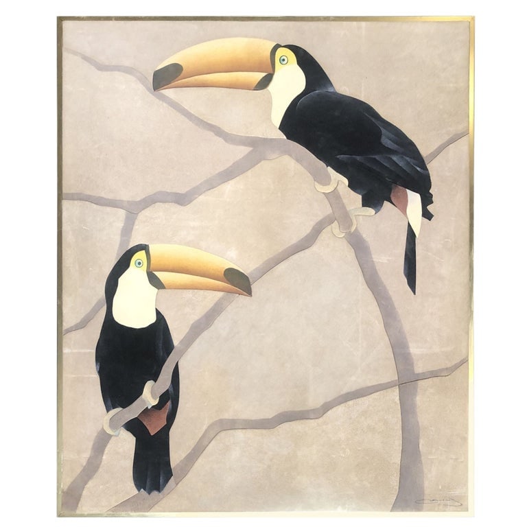 Large Suede Tropical Toucan Suede Wall Art, Signed - 2