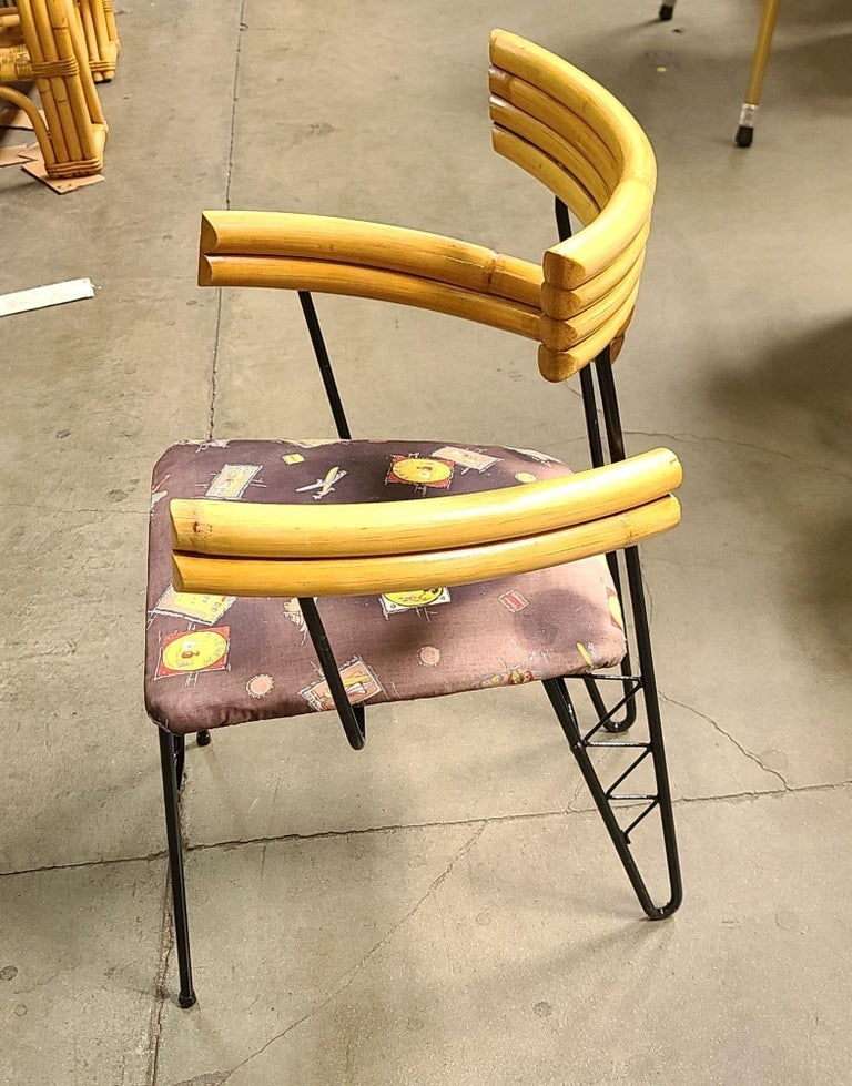 Restored Mid Century Wrought Iron Wire Hairpin Leg Armchair w/ Pole Rattan Arms - 3