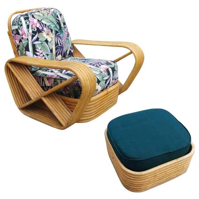 Restored Paul Frankl Style Six-Strand Square Pretzel Rattan Lounge Chair Ottoman: Designed in the manner of Paul Frankl, this six-strand, rattan lounge chair features square pretzel arms and a Classic stacked base. Included is the matching stacked rattan ottoman. Measures: Chair: