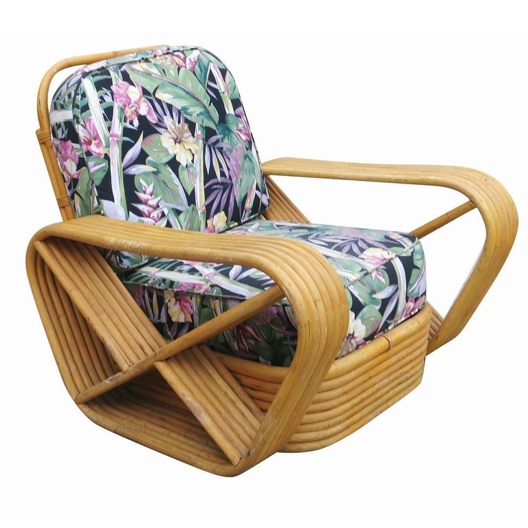 Restored Paul Frankl Style Six-Strand Square Pretzel Rattan Lounge Chair Ottoman - 4