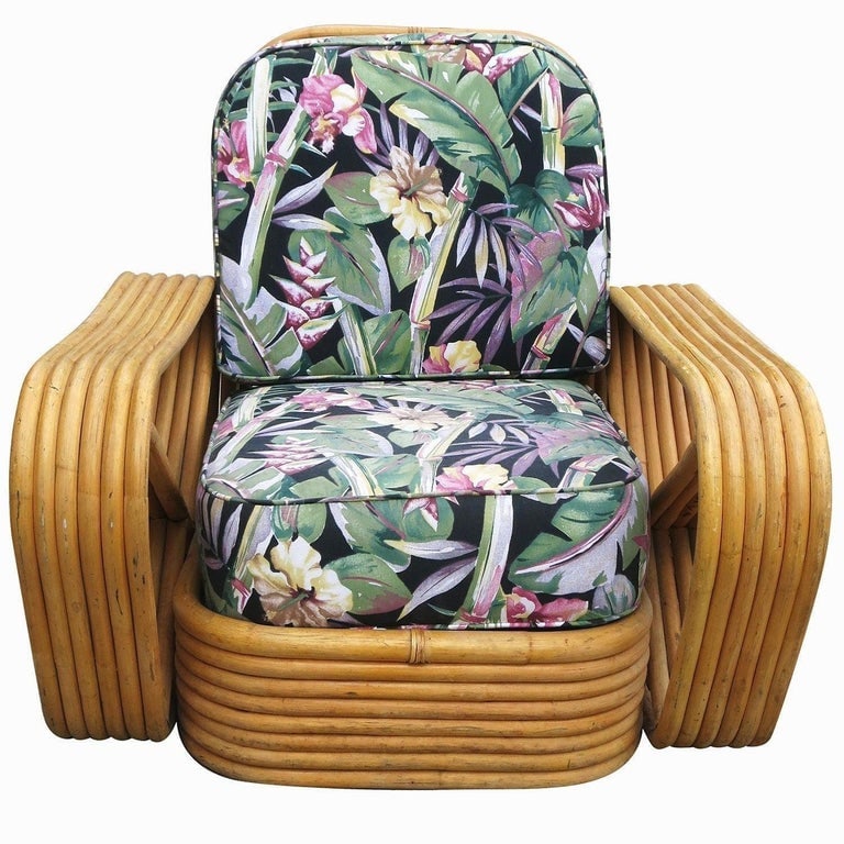 Restored Paul Frankl Style Six-Strand Square Pretzel Rattan Lounge Chair Ottoman - 5