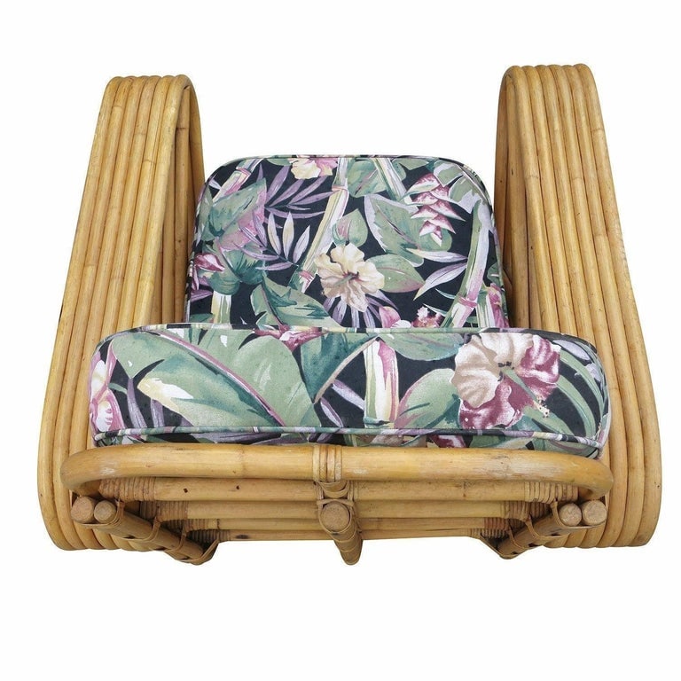Restored Paul Frankl Style Six-Strand Square Pretzel Rattan Lounge Chair Ottoman - 6