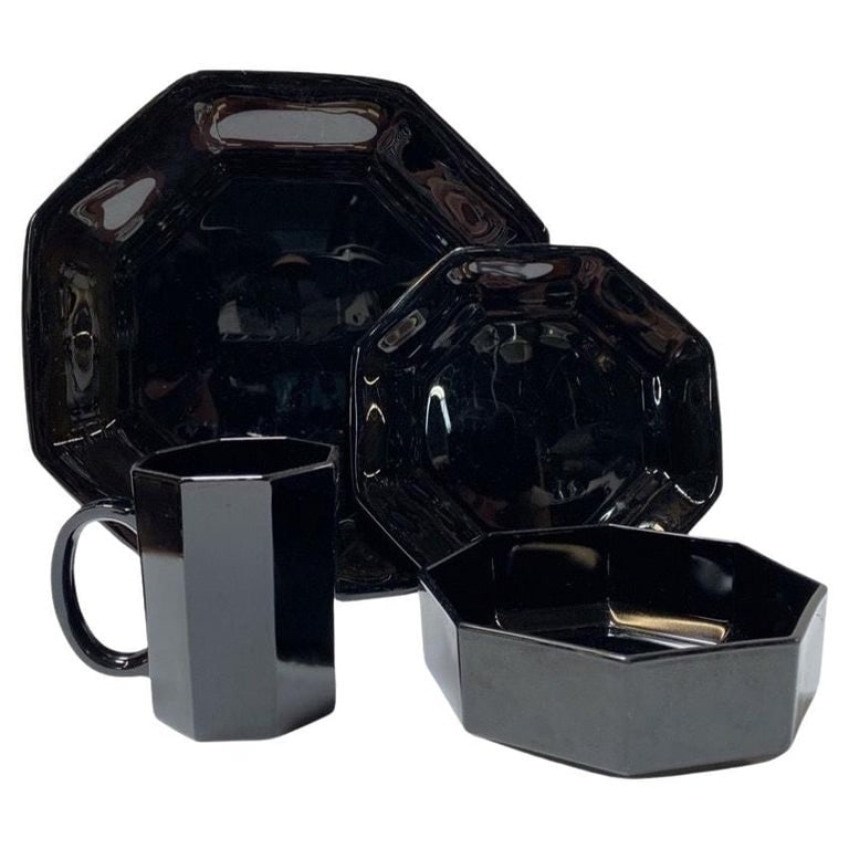 Arcoroc Mid Century "Octime" Octagonal 20 Pieces Place Setting Set, France: Mid-Century Black Octagonal 20-piece dinnerware set crafted by Arcoroc France. The set consists of 6 mugs (4" tall, 3" dia) 7 bowls (6" dia) 4 diner plates (11" dia) 3 desert plates (7.75 diameter) Re