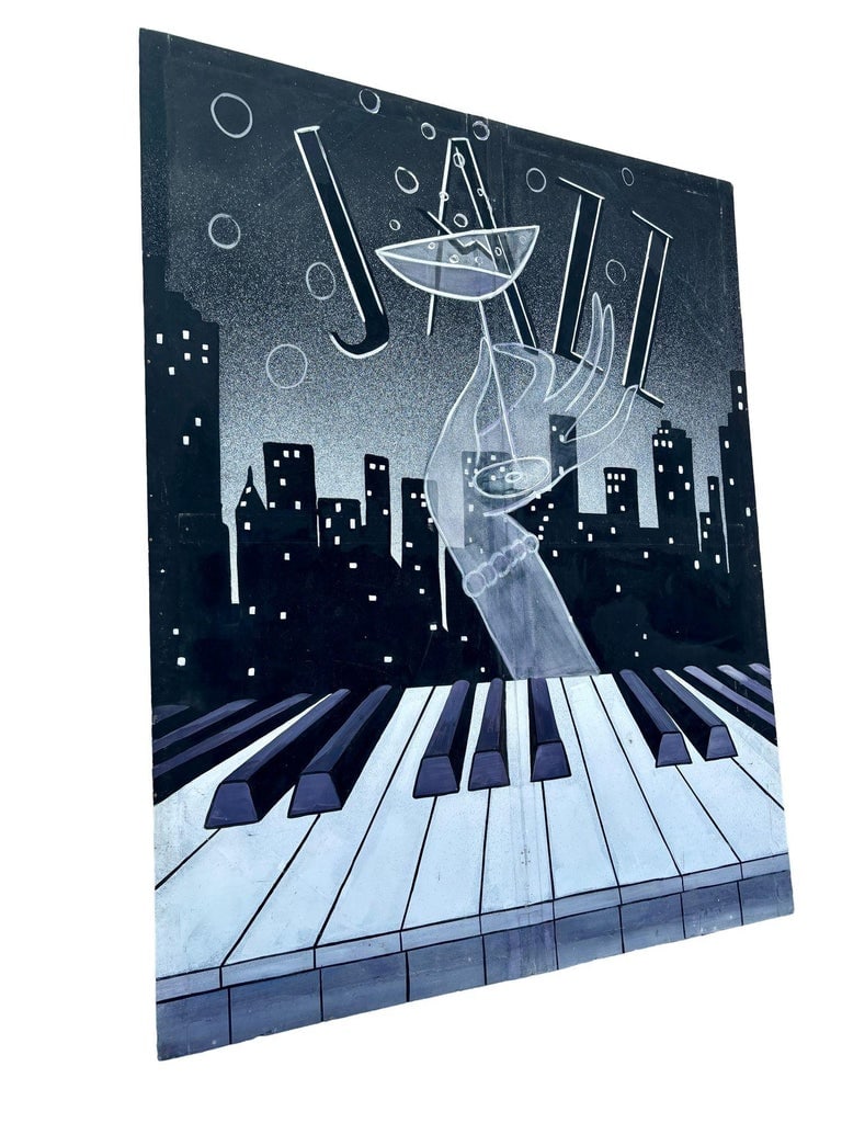 12' Foot Hand Painted Jazz Cityscape Oil on Canvas Screen - 5