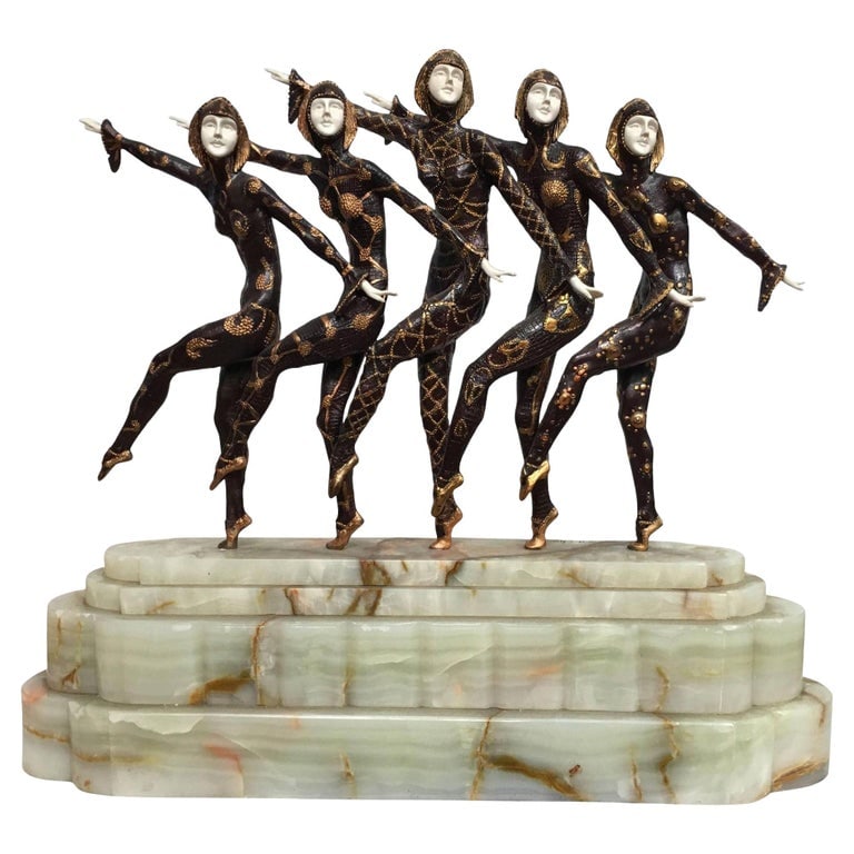 Large Art Deco Sculpture of Five Chiparus Style Dancers with a Marble Base: Large Art Deco sculpture of five Chiparus style dancer with marble base. Product handcrafted in the USA with the highest quality materials and over 30 years of experience in luxury: Lighting (chandeli