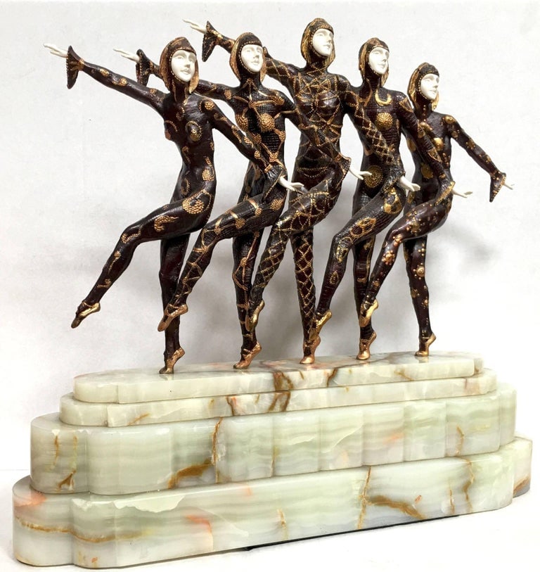 Large Art Deco Sculpture of Five Chiparus Style Dancers with a Marble Base - 3