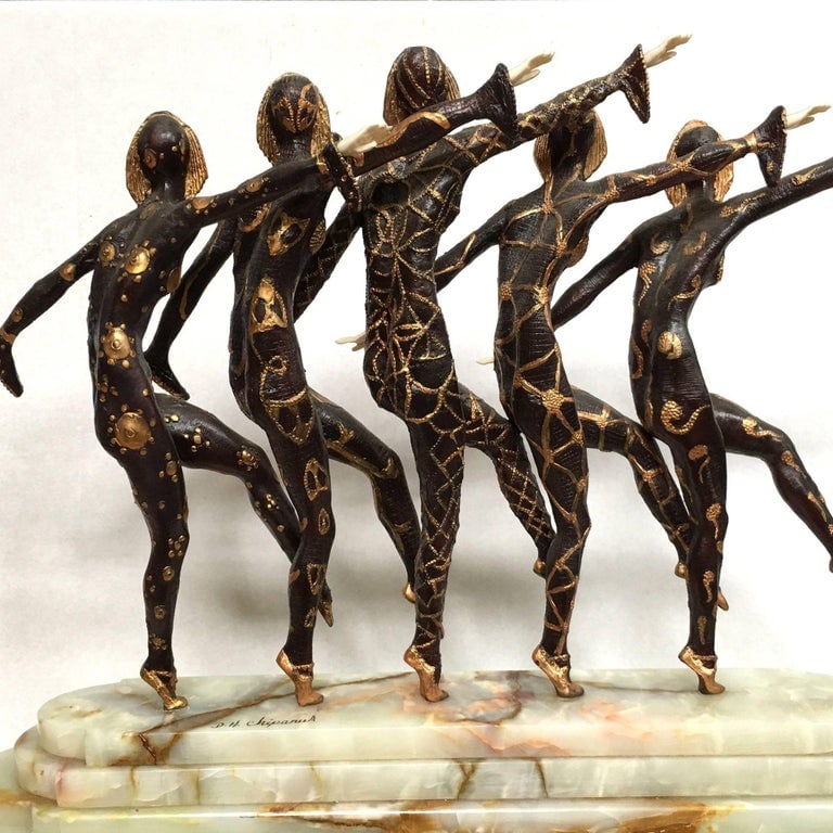 Large Art Deco Sculpture of Five Chiparus Style Dancers with a Marble Base - 9