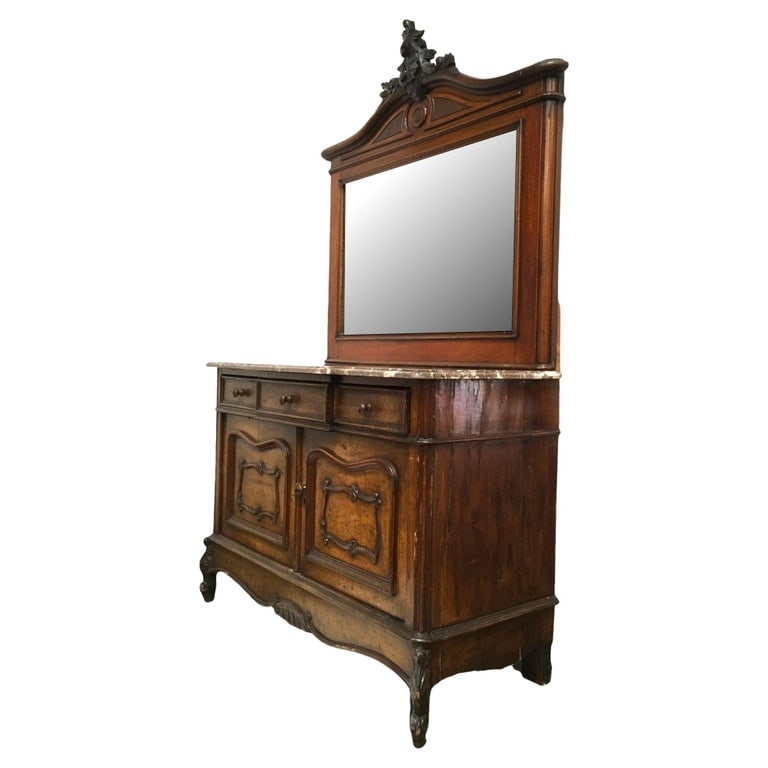 Louis XVI Solid Oak Dressing Vanity Table with Mirror and Marble Top - 2