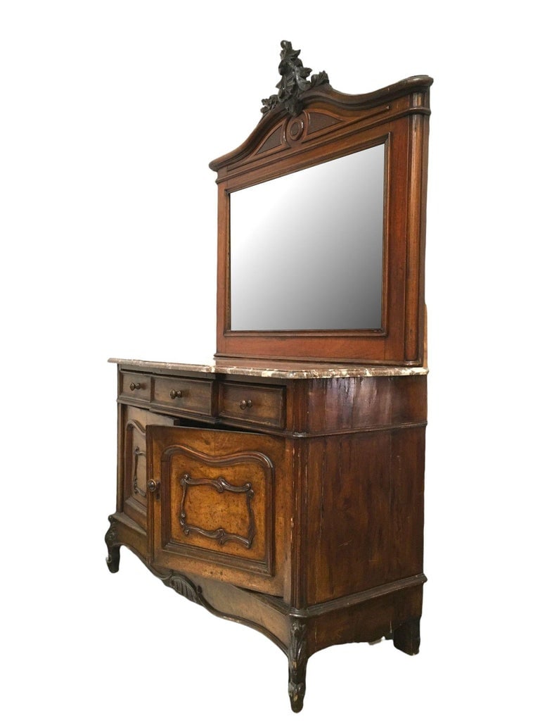 Louis XVI Solid Oak Dressing Vanity Table with Mirror and Marble Top - 3