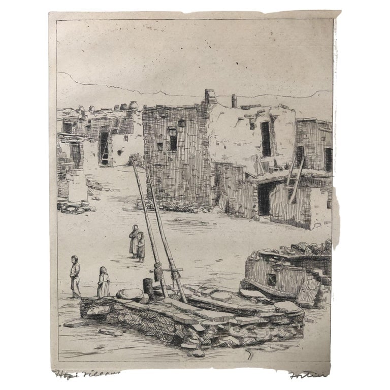Vintage Etching of Hopi Village by Kiva H. Fortier - 2