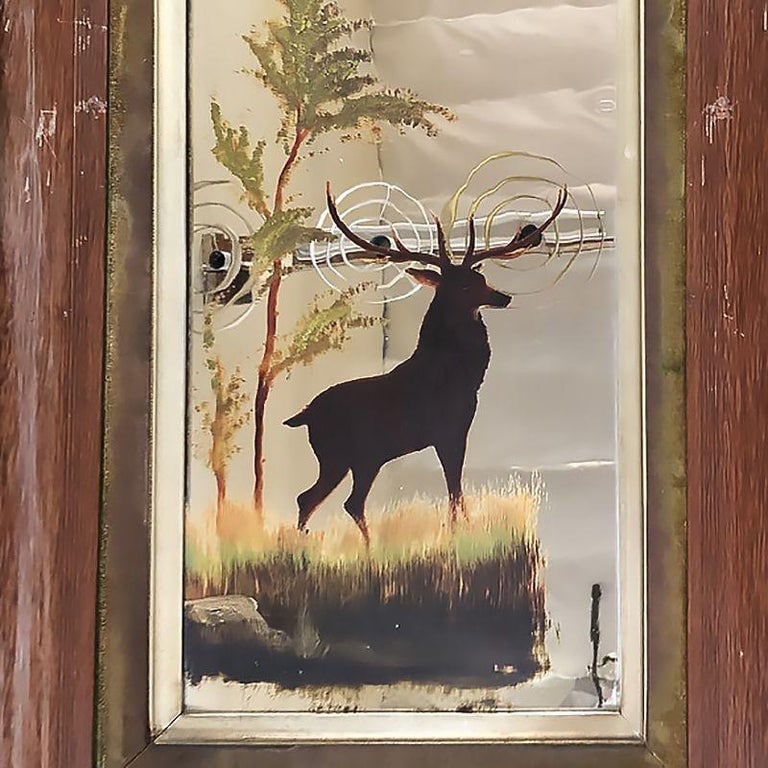 Mid-Century Modern Hand Painted Buck on Mirror with Walnut Frame - 4