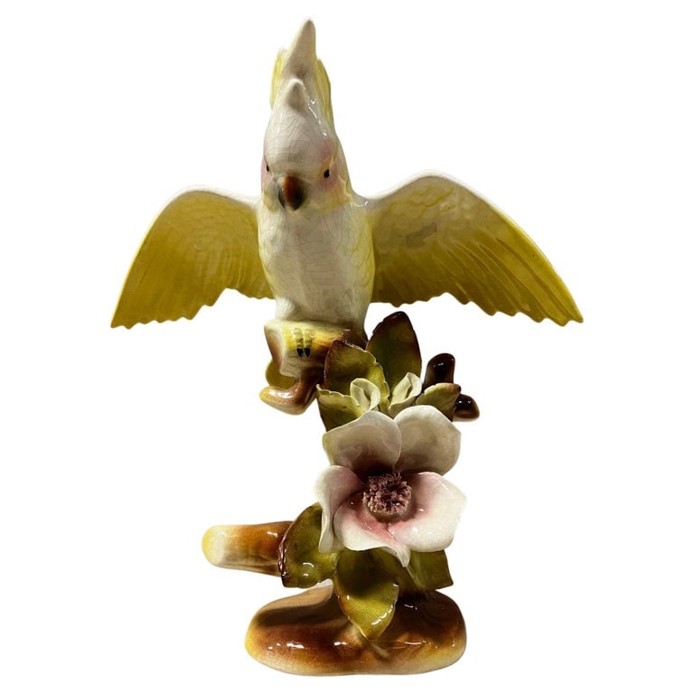 California Pottery Ceramic Tropical Cockatoo on Hibiscus Branch Statue - 2