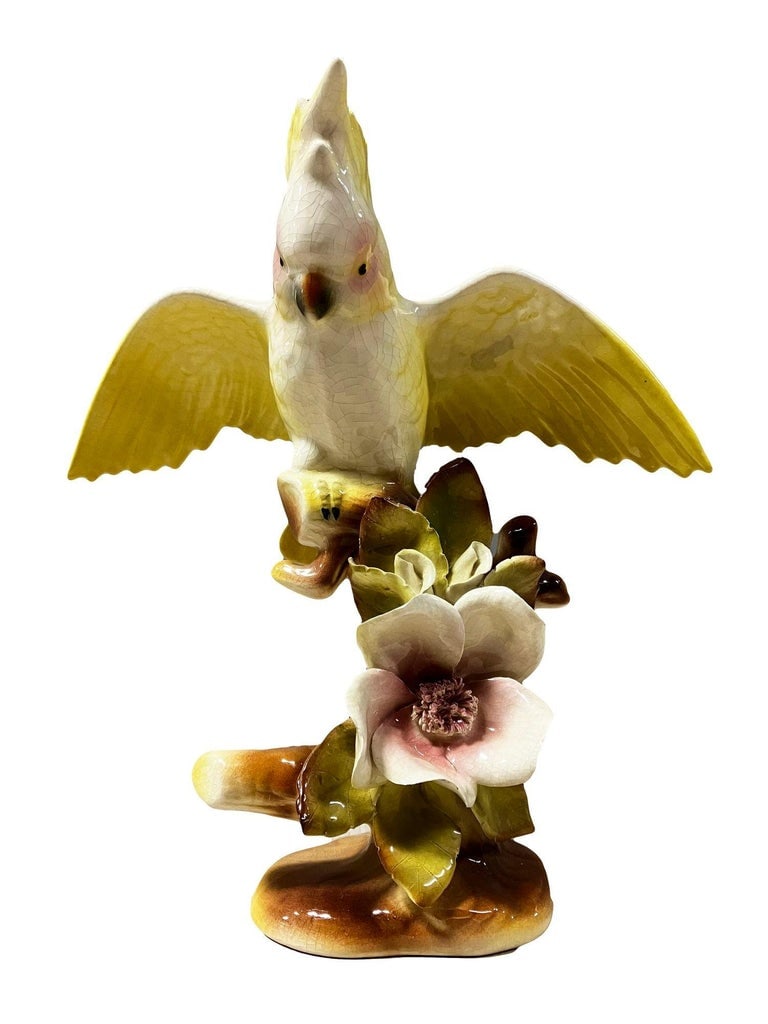 California Pottery Ceramic Tropical Cockatoo on Hibiscus Branch Statue - 3