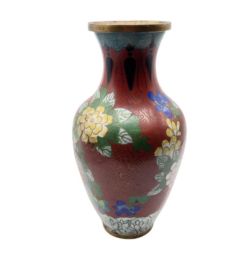 Vintage Chinese Floral Cloisonn√© Vase Enamel-Over-Brass - 10