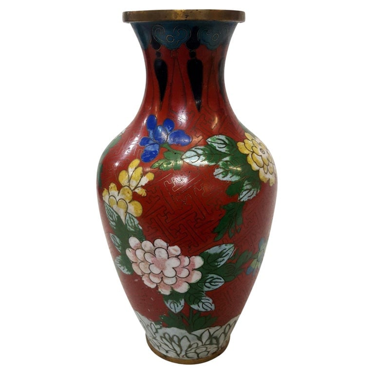Vintage Chinese Floral Cloisonn√© Vase Enamel-Over-Brass: Chinese floral Cloisonn√© vase enamel-over-brass Vintage. Origin: China Dimensions: 9-1/4 inches tall X 5 inches wide X 5 inches deep Colors: Red, green, black, violet, pink, blue, yellow a
