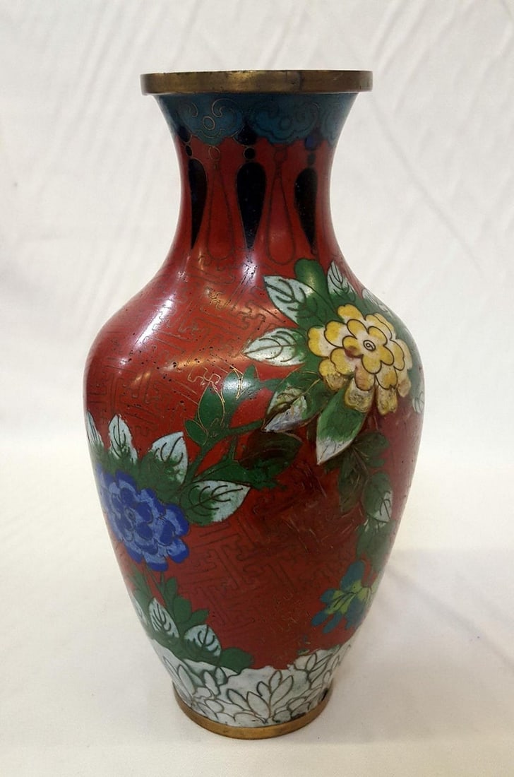 Vintage Chinese Floral Cloisonn√© Vase Enamel-Over-Brass - 4