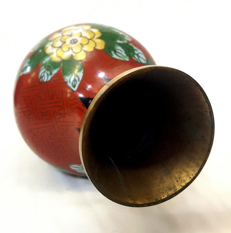 Vintage Chinese Floral Cloisonn√© Vase Enamel-Over-Brass - 5