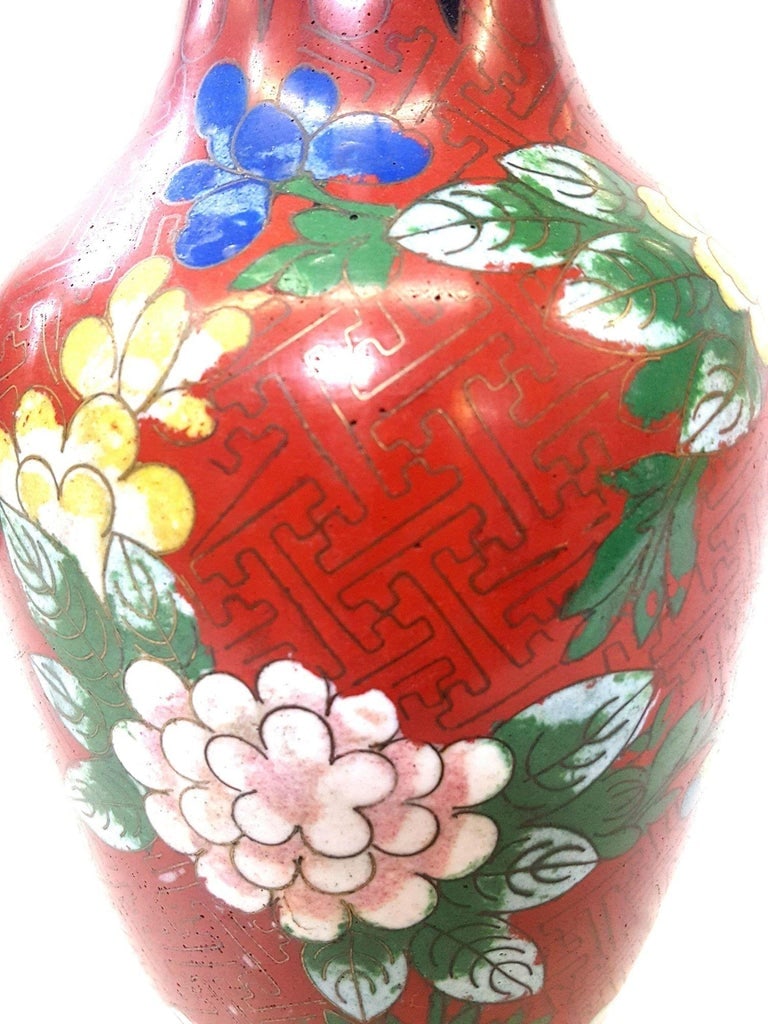 Vintage Chinese Floral Cloisonn√© Vase Enamel-Over-Brass - 6