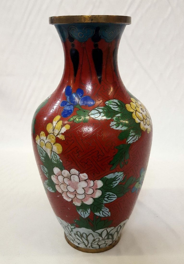 Vintage Chinese Floral Cloisonn√© Vase Enamel-Over-Brass - 8