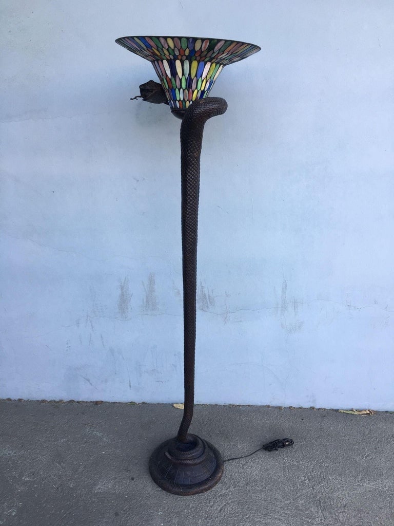 Edgar Brandt Style Bronze Snake Floor Lamp W/ Stained Glass Shade, 2 Available - 10