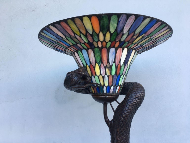 Edgar Brandt Style Bronze Snake Floor Lamp W/ Stained Glass Shade, 2 Available - 4