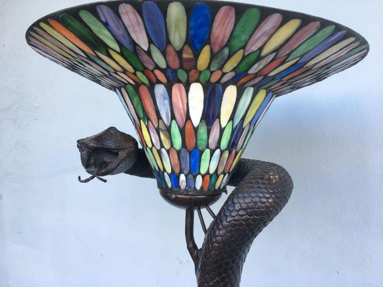 Edgar Brandt Style Bronze Snake Floor Lamp W/ Stained Glass Shade, 2 Available - 5